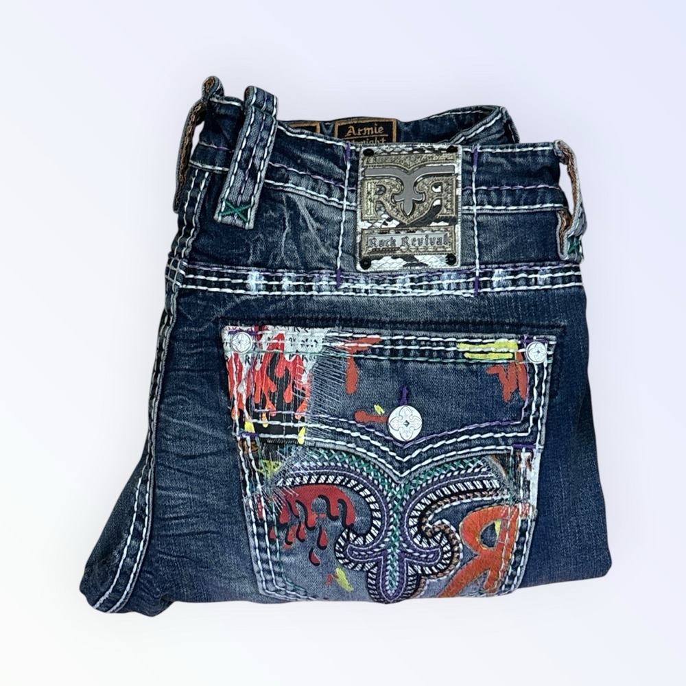 Rock Revival Armie Straight Men's Blue Patched Jeans Size 36 x 32 RARE!!!!
